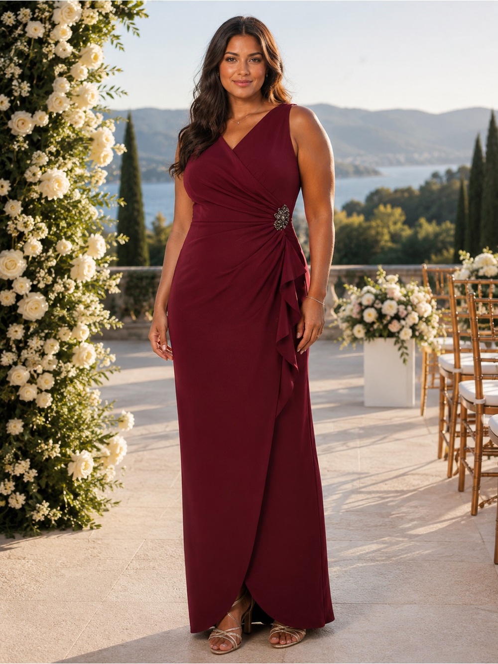 NWT ALEX EVENINGS Embellished Side Drape Column Slimming Wine Gown Maxi Size 14